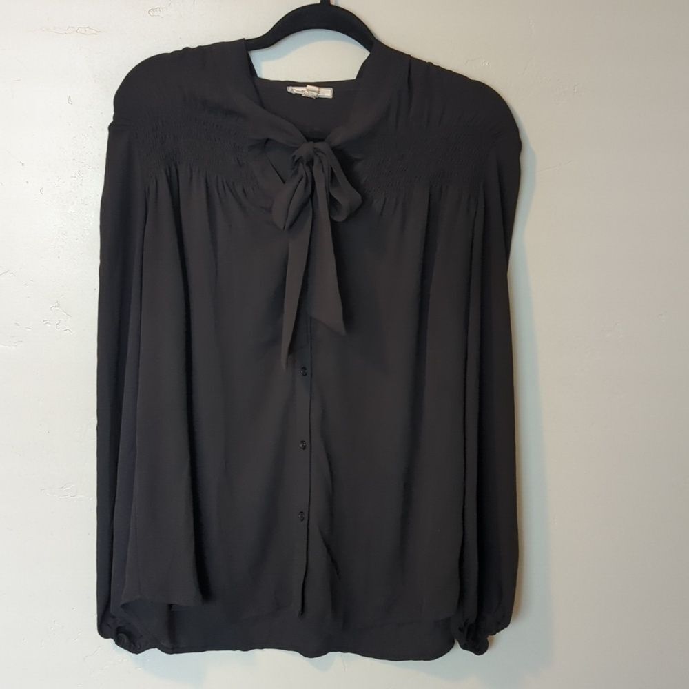 Pleione Black Tie Long Sleeve Formal Button Down Blouse Size M